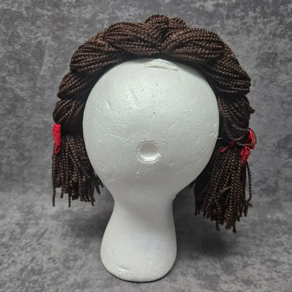 Brown Yarn Braided Hair In Pigtails with Red Bow Adjustable Strap Costume Wig
